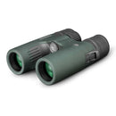 A pair of green and black binoculars with central focusing knob and rubberized grip.