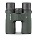 A pair of green and black binoculars with central focusing knob and rubberized grip.
