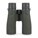A pair of green and black binoculars with central focusing knob and rubberized grip.