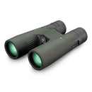 A pair of green and black binoculars with central focusing knob and rubberized grip.