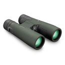 A pair of green and black binoculars with central focusing knob and rubberized grip.