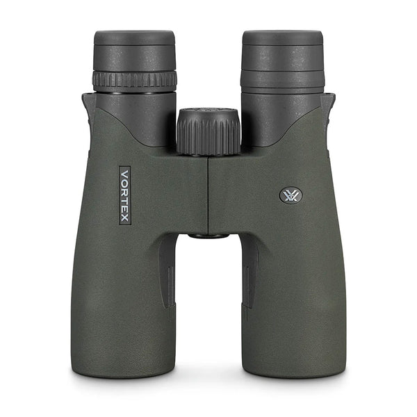 A pair of green and black binoculars with central focusing knob and rubberized grip.