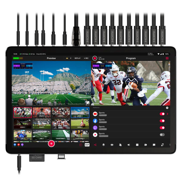 YoloLiv YoloBox Extreme live streaming device with 8 HDMI inputs, 11.2-inch OLED touchscreen, 4K recording, and 10-hour battery