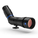 A black, angled spotting scope on a white background