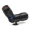 A black, angled spotting scope on a white background