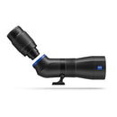 A black, angled spotting scope on a white background