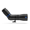 A black, angled spotting scope on a white background