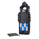 Zoom H6studio handy recorder with large-diaphragm XY microphones, four XLR/TRS inputs, 32-bit float recording, and removable battery cover.