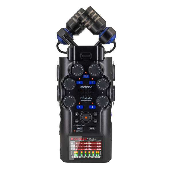 Zoom H6studio handy recorder with large-diaphragm XY microphones, multiple gain knobs, 32-bit float recording, and colorful LCD screen