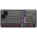 Top view of Zoom LiveTrak L6 compact digital mixer and recorder with multiple input ports, control knobs, and sound pads.