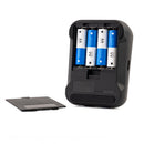 Zoom PodTrak P2 portable podcast recorder with battery compartment open and AA batteries inserted