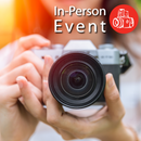 Person holding a camera with text In-Person Event for Intro to Photography Seminar