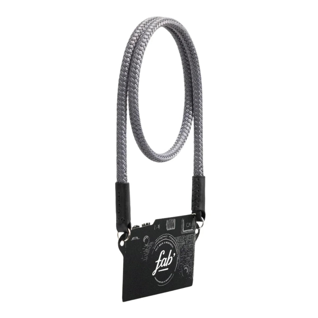 Fab F8 Rope Camera Strap in gray with leather ends and durable braided polyester rope