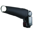 Aurora Portaflex Snoot 5cm on off-camera flash creating narrow spotlight effect with black foldable design