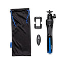 Benro BK15 Mini Tripod with Bluetooth remote, smartphone adapter, and carrying pouch on white background