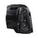 Side view of Blackmagic Pocket Cinema Camera 6K Pro showing HDMI, USB-C, audio inputs, and 12V power ports