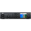 Blackmagic UltraStudio 4K Mini front panel with LCD, buttons, XLR mic input, headphone jack, and USB port.