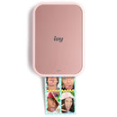 Compact rose gold Canon IVY 2 Mini Photo Printer with a photo strip printing colorful stickers from phone images