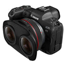 Canon RF 5.2mm f2.8L Dual Fisheye lens mounted on EOS R5 camera for immersive 3D VR photography and video