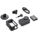 DJI Osmo Action 3 action camera with accessories including frame, mount, battery, and USB cable