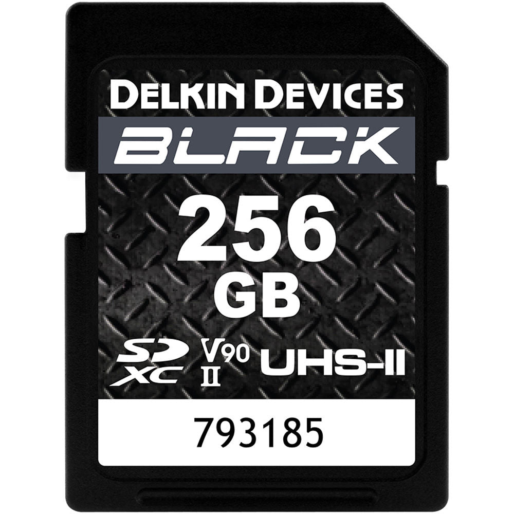 Delkin Black 256GB SDXC UHS-II V90 high-speed memory card for professional photography and 8K video