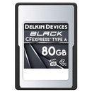 Delkin Black 80GB CFexpress Type A memory card with high-speed 730MB/s write and 880MB/s read, durable and reliable for professional video and photo capture.