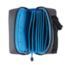 F-Stop Welded Filter Case with blue padded dividers and weatherproof gray rip-stop fabric exterior