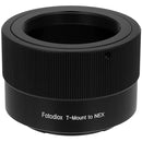 Fotodiox T2 Adapter for Sony E-mount mirrorless cameras, all-metal T-Mount lens adapter, manual focus, durable anodized aluminum design.
