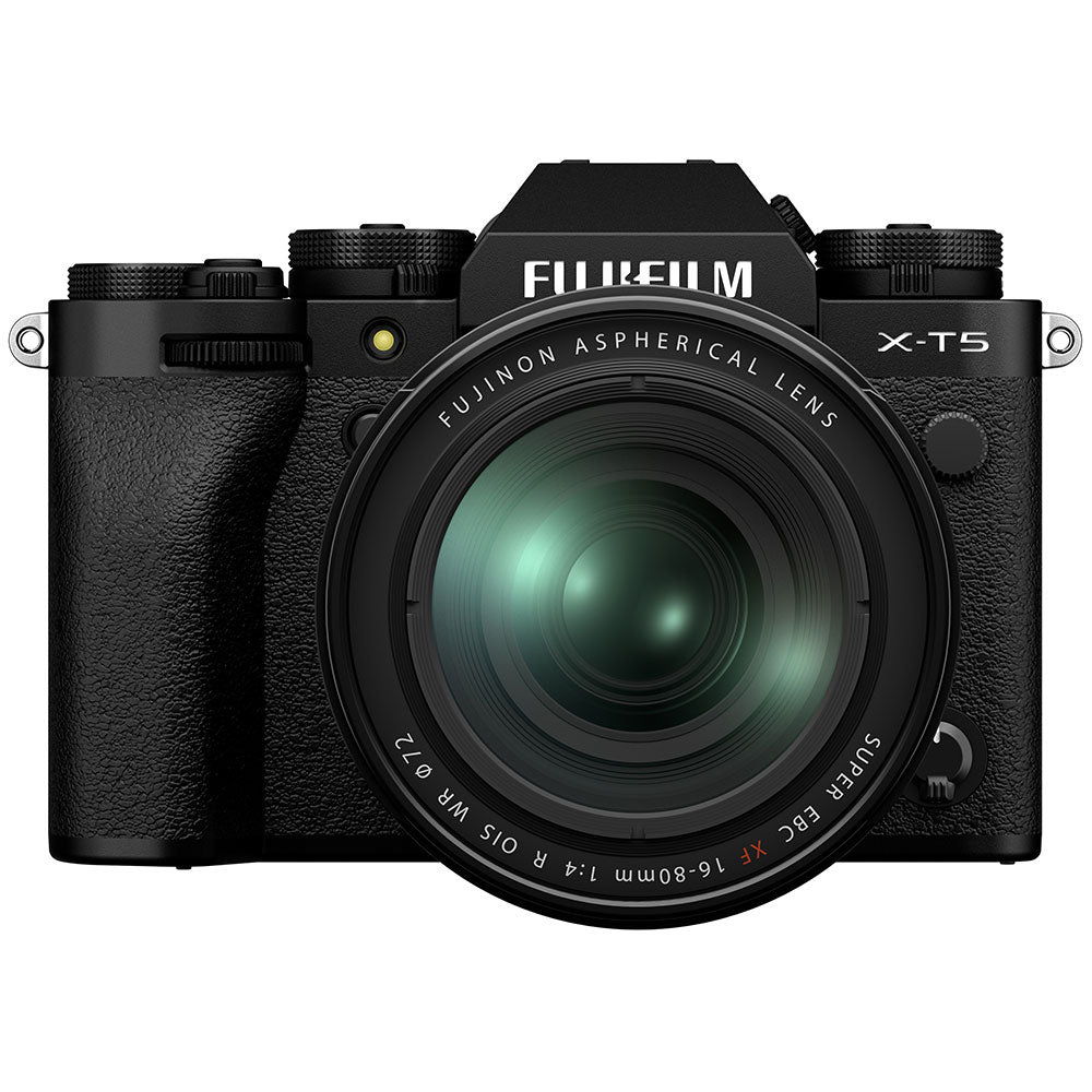 Fujifilm X-T5 mirrorless camera with XF 16-80mm f4 lens front view