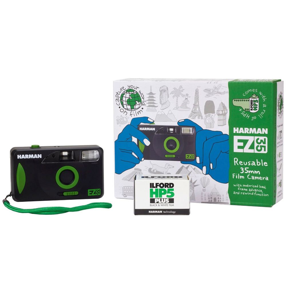 Harman EZ-35 reusable 35mm film camera with Ilford HP5 Plus black and white film and packaging box