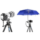 Leofoto AM-3 Versa Magic Arm attached to tripods holding camera and umbrella accessory