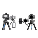 Leofoto AM-3 Versa Magic Arm mounted on tripods holding cameras, smartphone, and light panel