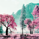 Landscape with purple trees and mountain background captured on Lomography LomoChrome Purple 35mm film