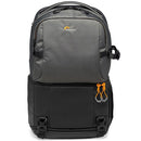 LowePro Fastpack BP 250 AW black and gray camera backpack with reflective logo and orange zipper pulls