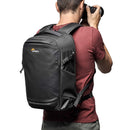 LowePro Flipside Backpack 300 AW III black camera bag with padded straps worn by photographer