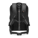 Back view of LowePro Flipside BP 400 AW III durable black camera backpack with padded straps and chest buckle