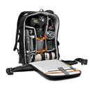 LowePro Flipside BP 400 AW III camera backpack open showing organized DSLR camera, lenses, and accessories inside