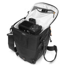 Lowepro Toploader Photo Active TLZ 50 AW black camera bag with open top showing camera inside and shoulder strap