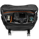 LowePro ProTactic MG camera messenger bag with modular compartments holding DSLR camera and lens
