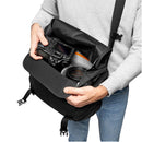LowePro ProTactic MG 160 AW II black camera messenger bag with modular compartments and DSLR camera inside