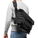 LowePro ProTactic MG 160 AW II black modular camera messenger bag with tripod attached worn crossbody