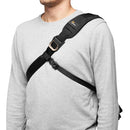 LowePro ProTactic MG 160 AW II black modular camera messenger bag worn crossbody on person in grey shirt