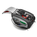 Manfrotto 195N Pro Light Camcorder Case open showing camera gear and adjustable dividers with water-repellent fabric and padded protection system