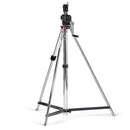 Manfrotto 2-Section Wind Up Steel Stand with 247cm height, heavy-duty chrome steel, leveling leg, supports 45kg.