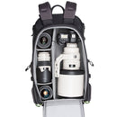 MindShift Backlight 36L backpack open to show camera gear with padded adjustable dividers and back panel access.