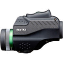 Pentax 6x21 VM WP monocular with compact design, rubberized grip, green lens ring, and ergonomic focus lever