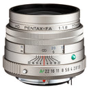 Pentax HD FA 77mm f1.8 Limited lens with HD coating, silver barrel, and aperture ring design