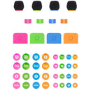 RODE Colors 3 Set with four colored windshields, cable rings, tags, and stickers for Wireless GO and Lavalier II microphones in pink, green, blue, and orange.