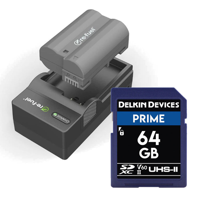 Re-Fuel EN-EL15 Kit with Delkin Prime 64GB SDXC Memory Card Bundle