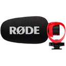 RODE VideoMicro II ultra-compact on-camera shotgun microphone with foam windshield and red HELIX isolation mount system